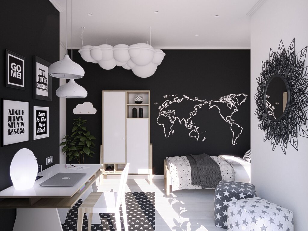 Black and white room for a teenager