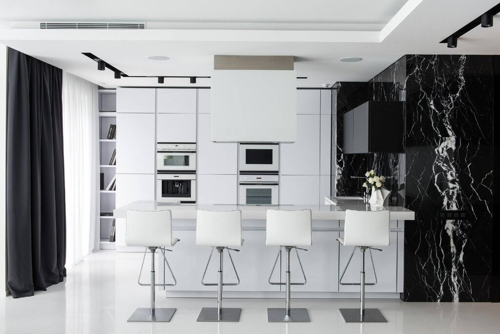 Black and white kitchen in the interior