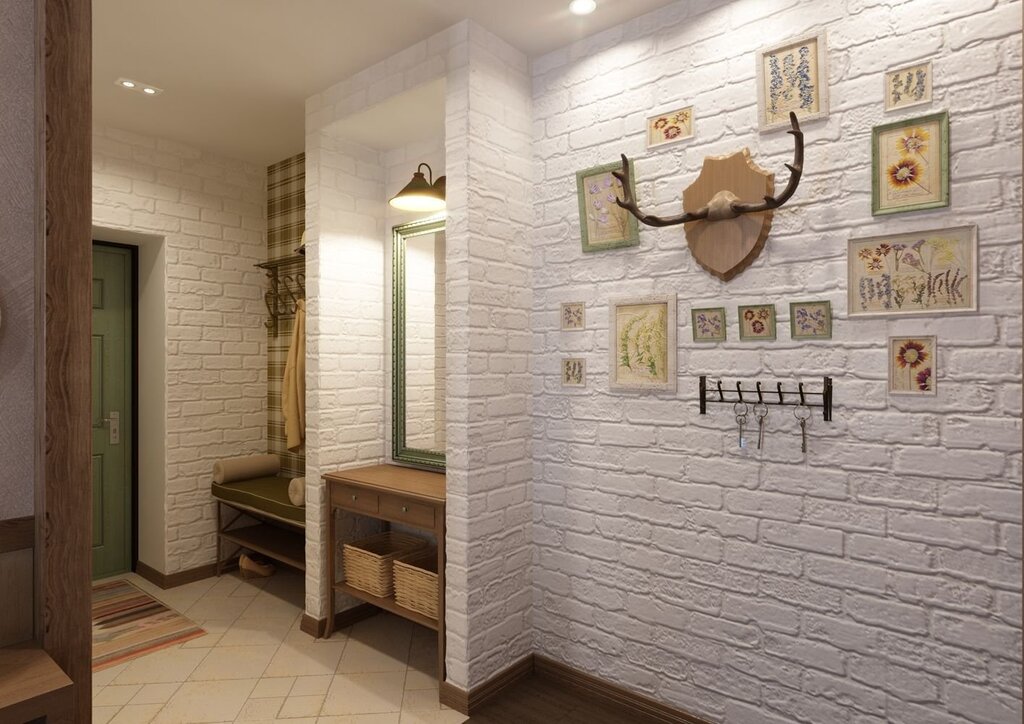 Decorative brick-like tiles in the hallway