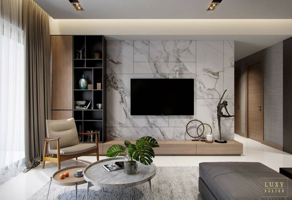 Decorative wall in the living room with a TV