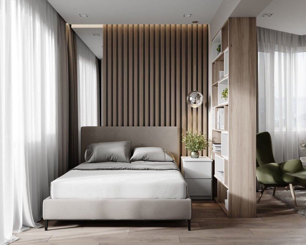 Decorative slats in the bedroom interior