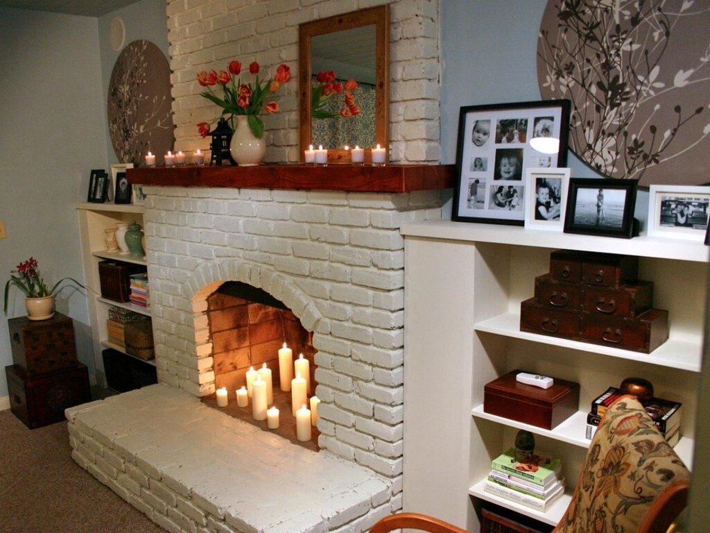 Decorative brick fireplace 43 фото