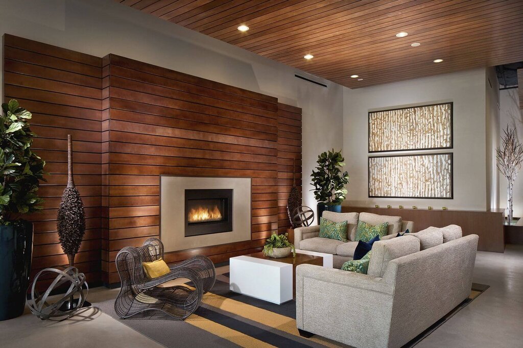 A wooden wall in the living room interior