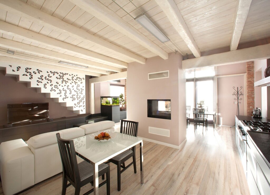 Wooden beams on the ceiling in the interior