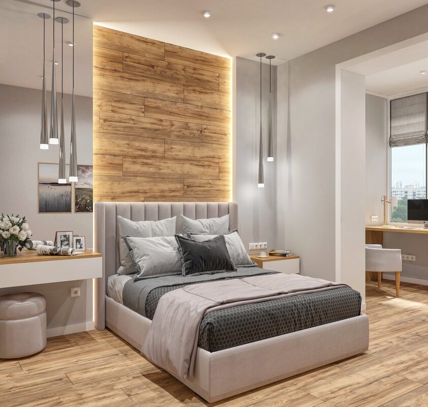 Wooden wall panels for the bedroom