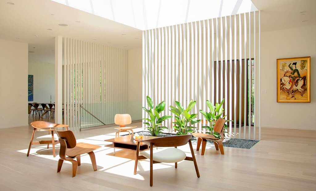 Wooden slatted partitions for zoning