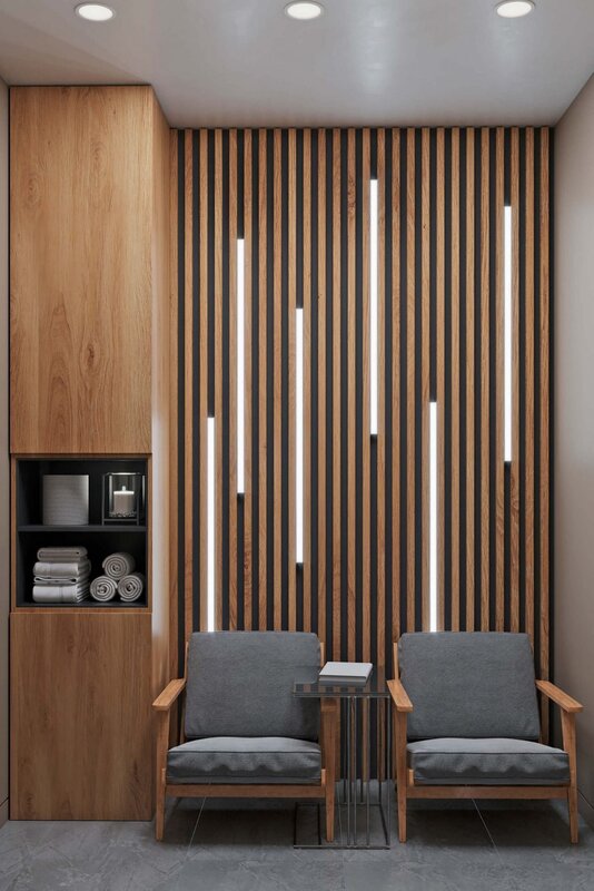 Wooden slats on the wall with backlighting