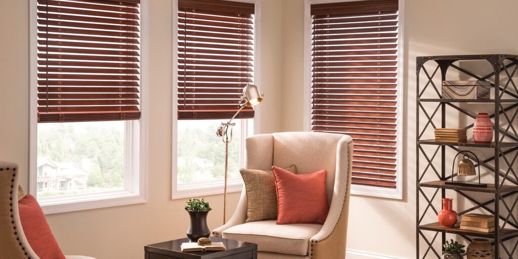 Wooden blinds in the living room interior