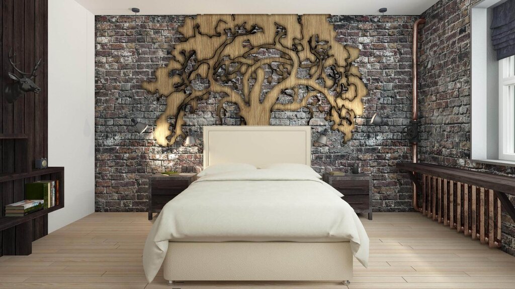 Wooden panel on the wall in the bedroom