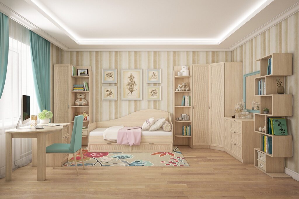 Children's room with beige wallpaper