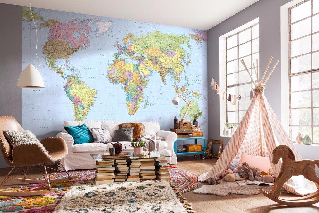 Children's room with a world map