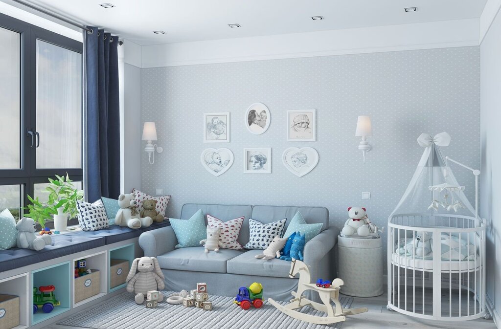 Children's room in gray and white tones