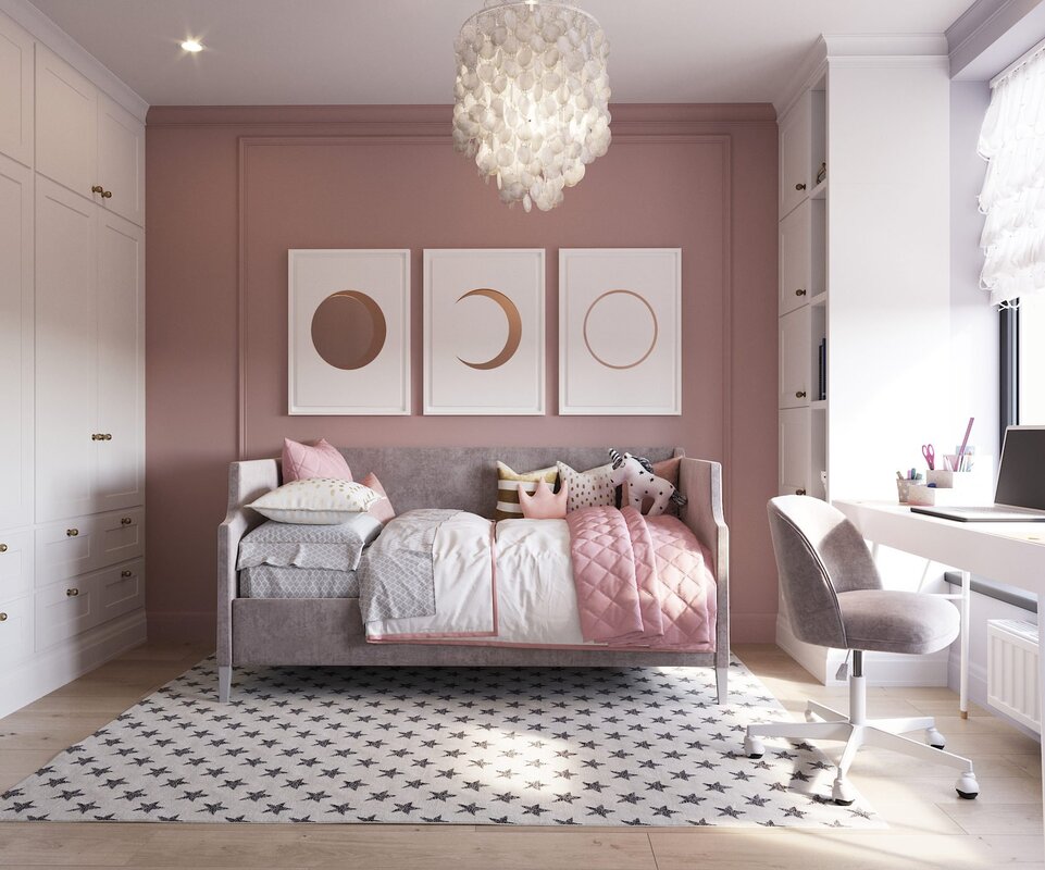 A children's room in gray and pink tones