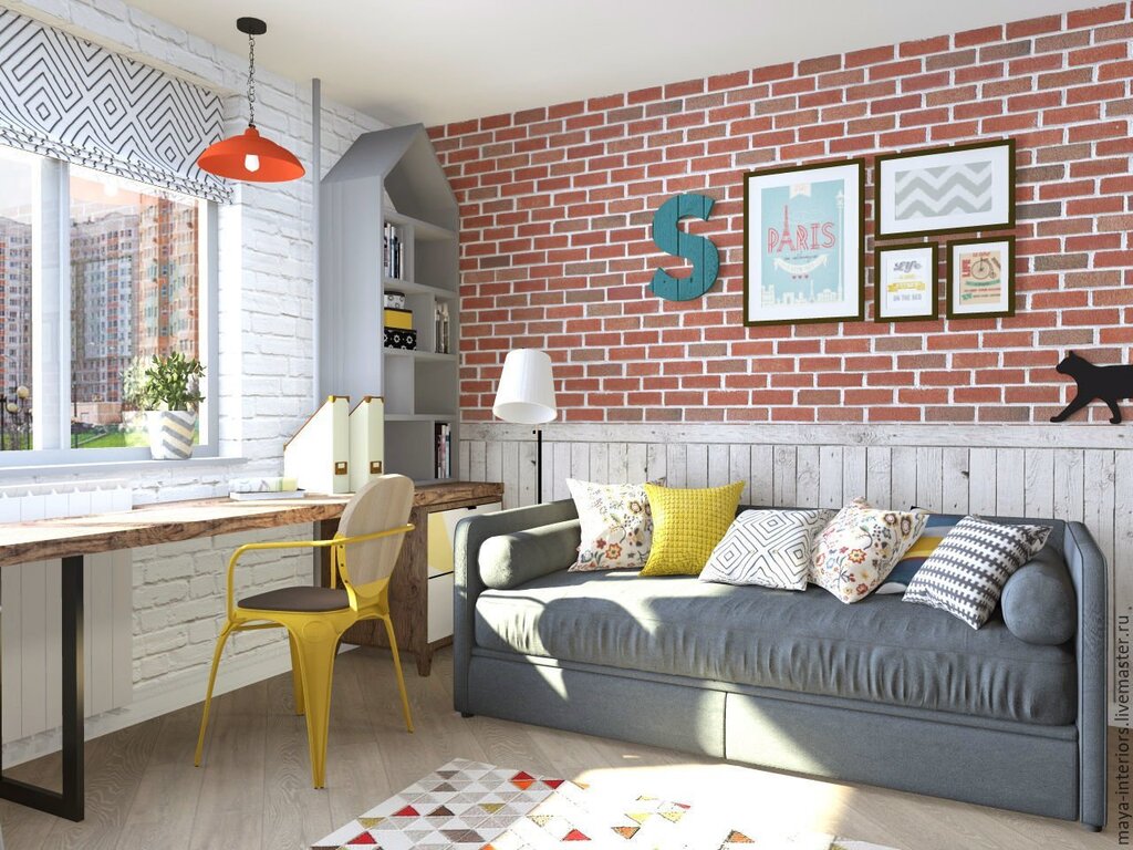 Children's room with a brick wall