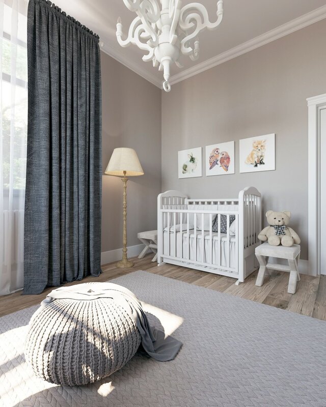 Children's room with gray wallpaper