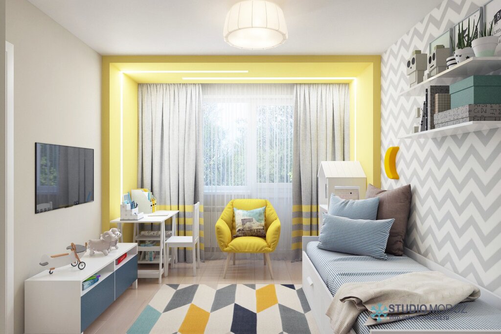 Children's room with yellow curtains