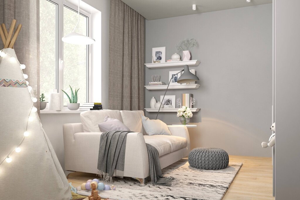 A children's room in white and gray tones