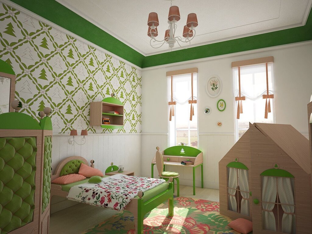 Children's room in beige and green tones