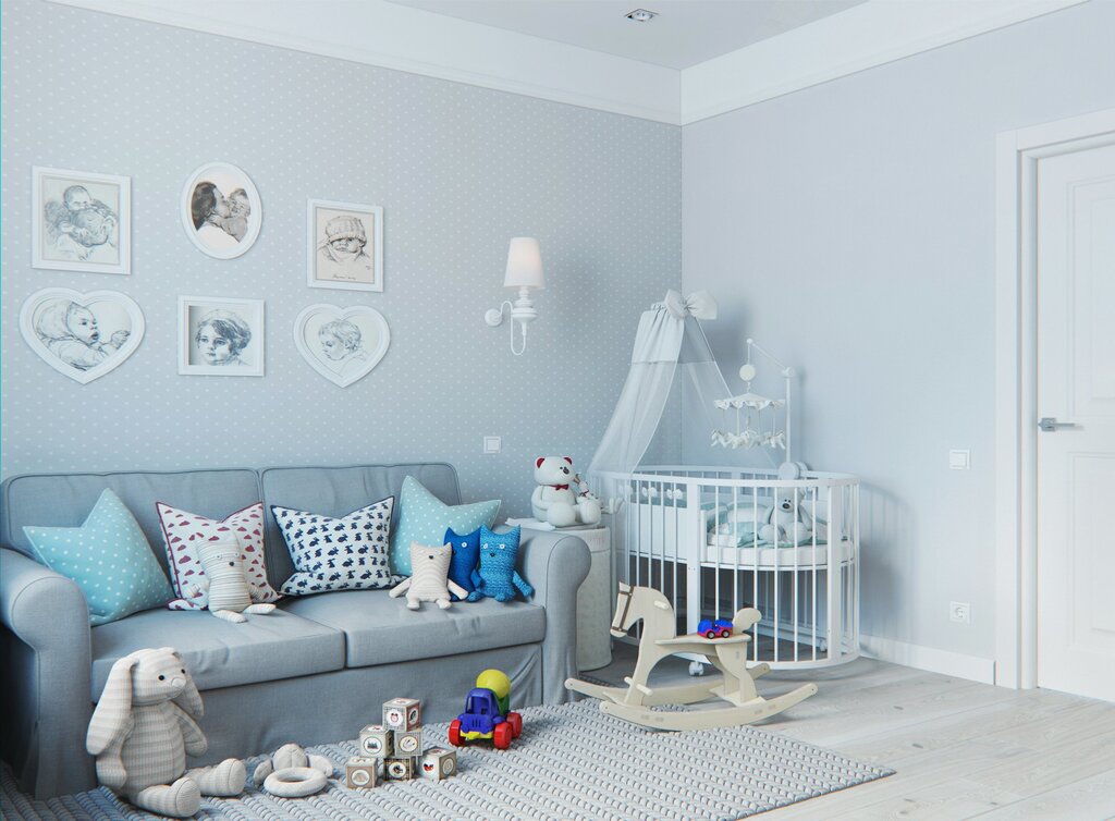 Child's room in gray-blue tones