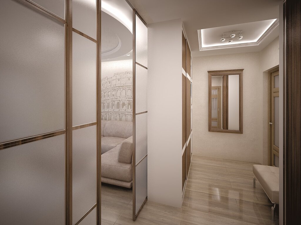 Design of a long hallway in a three-room apartment 25 фото