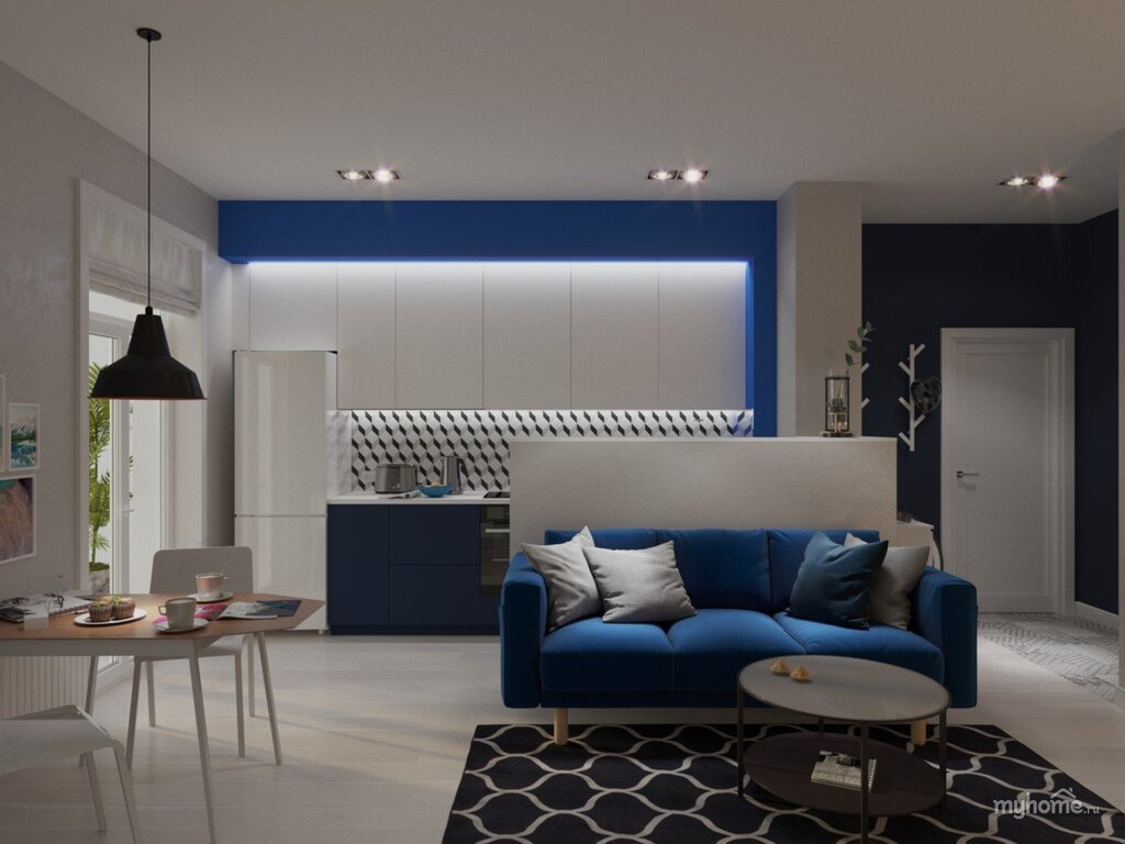 Design of the living room with a blue sofa