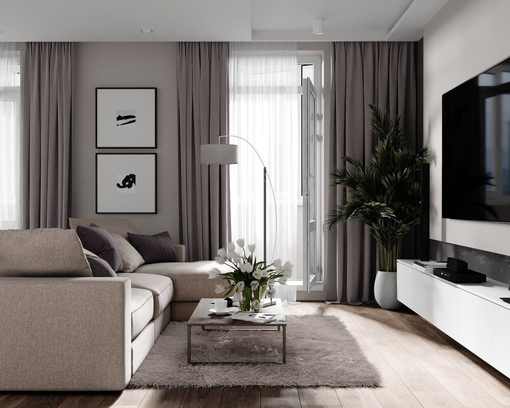 Design of the living room in gray-beige tones