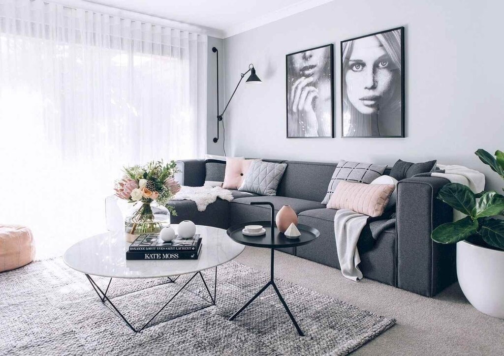 Room design with a gray sofa