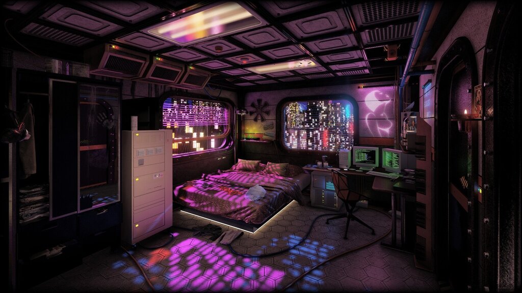 Room design in cyberpunk style