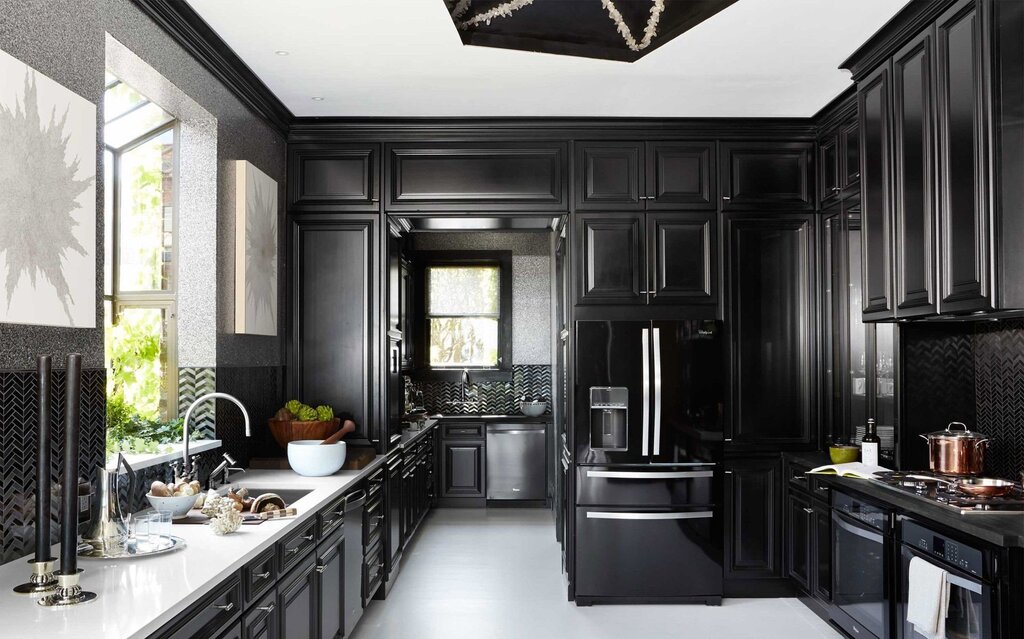 Kitchen design with a black floor