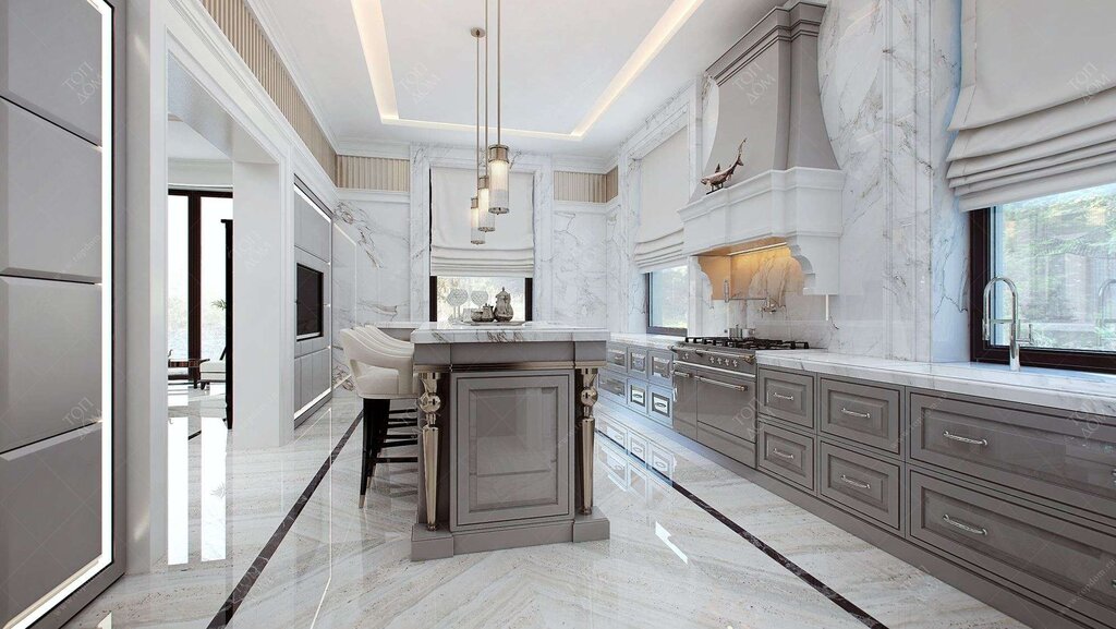 Kitchen design with a marble floor