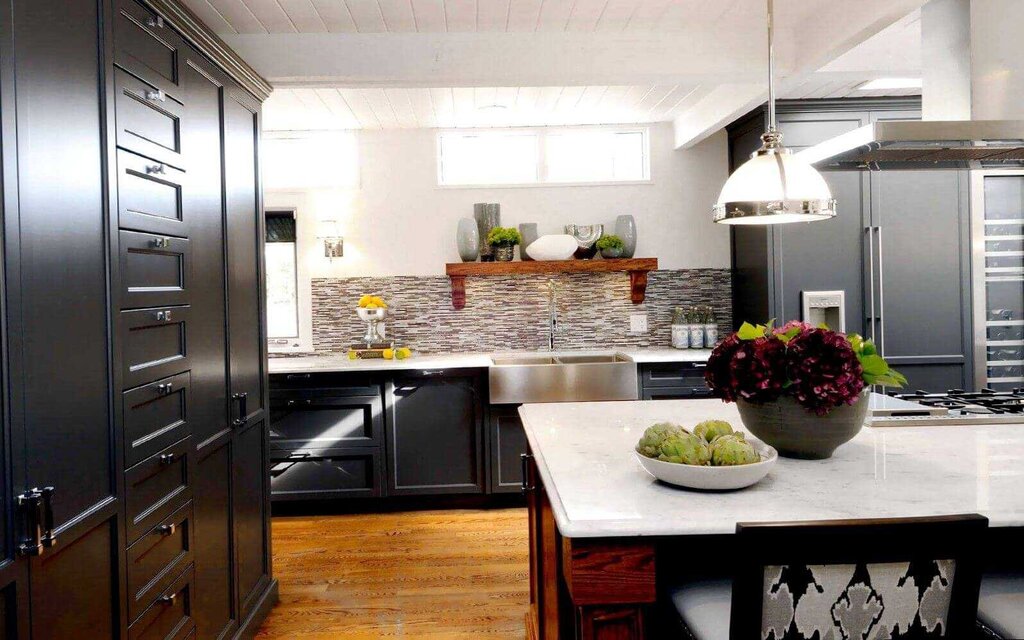 Kitchen design with a dark floor