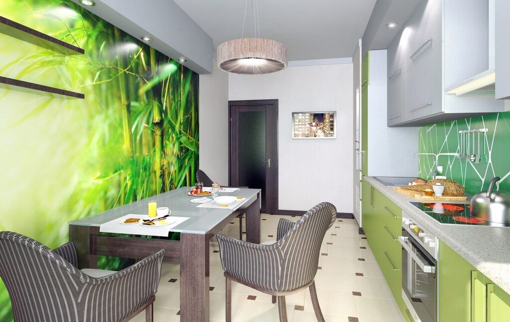 Kitchen design with green wallpaper