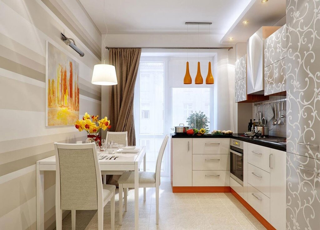 Design of a rectangular kitchen with a balcony