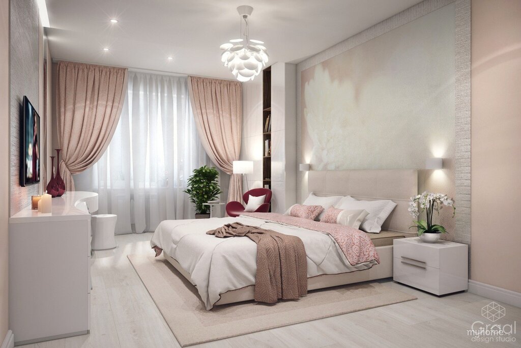 Bedroom design in powdery tones