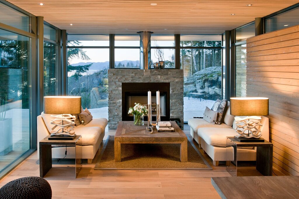 House with a fireplace and panoramic windows