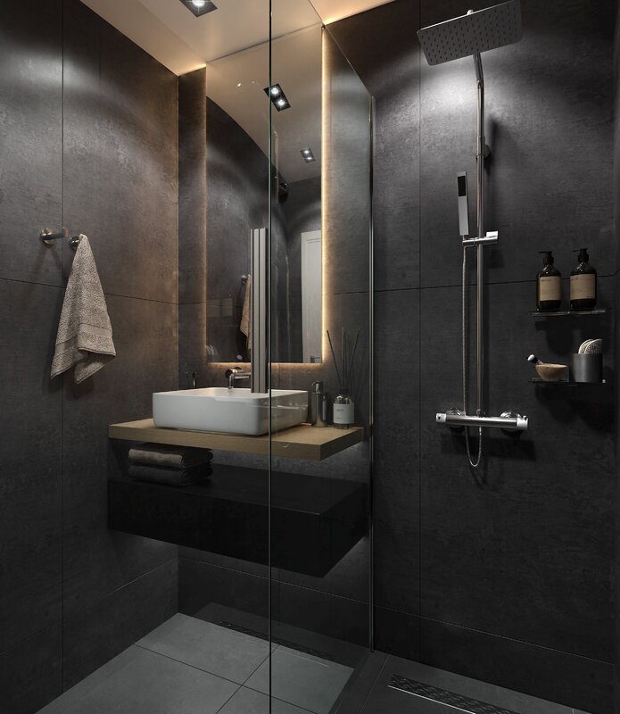 A shower room in dark tones