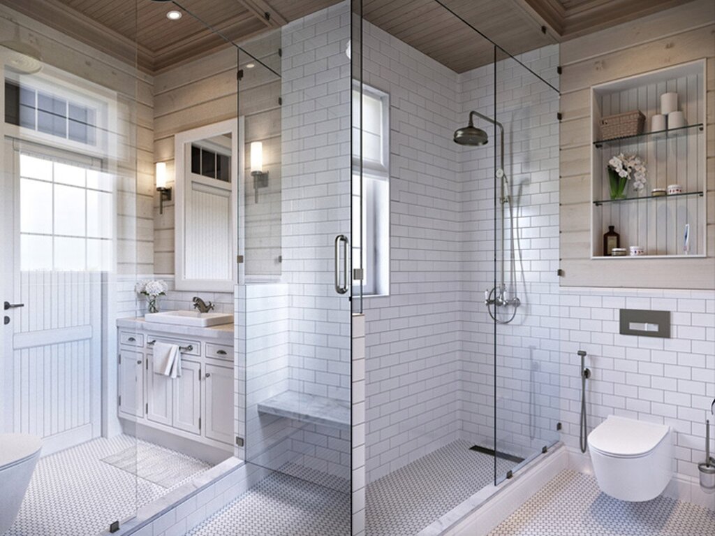 A shower in a wooden house