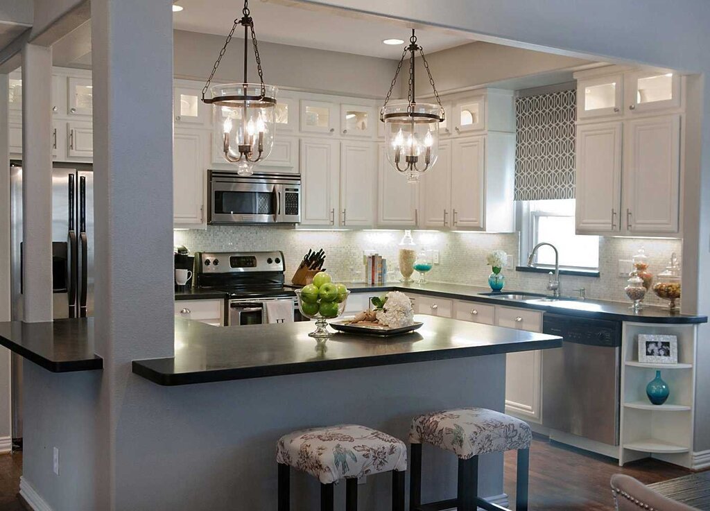 Two chandeliers in the kitchen