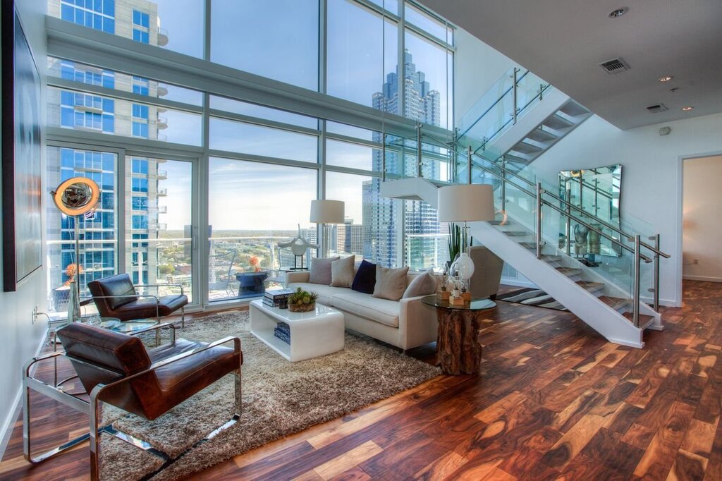 A two-story apartment with panoramic windows