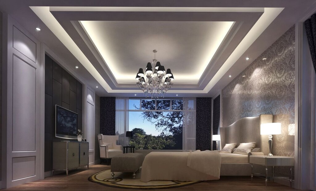 Two-tier plasterboard ceiling with lighting