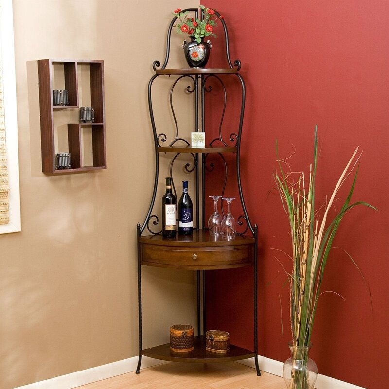 Corner wooden floor shelf