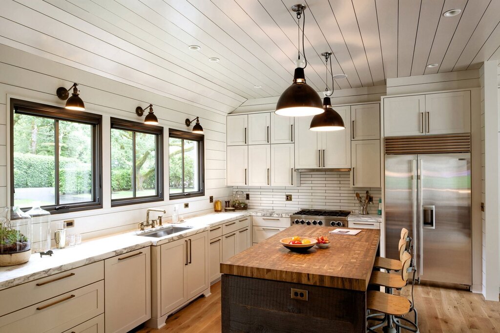 A backsplash made of clapboard in the kitchen