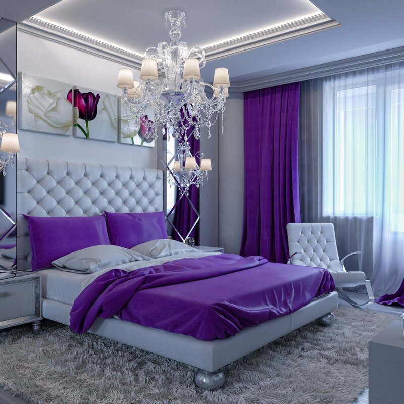 A purple bed in the bedroom interior 32 фото