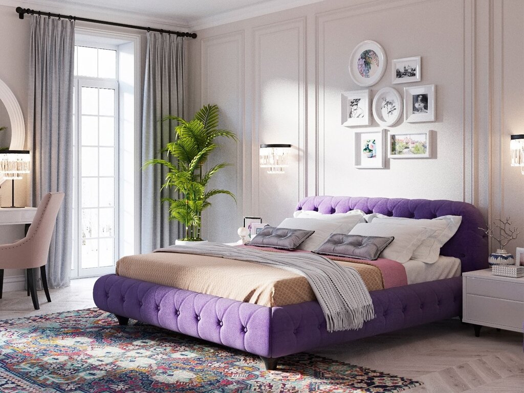 A purple bed in the interior