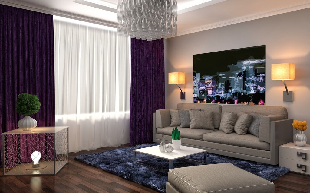 Purple curtains in the living room interior