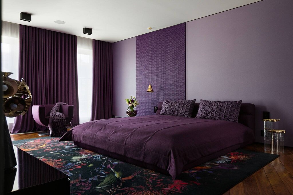 Purple curtains in the bedroom interior