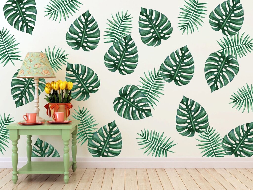 Photo wallpaper with palm leaves in the interior 31 фото