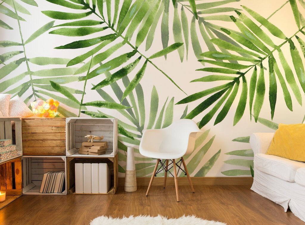 Photo wallpaper with palm leaves in delicate shades