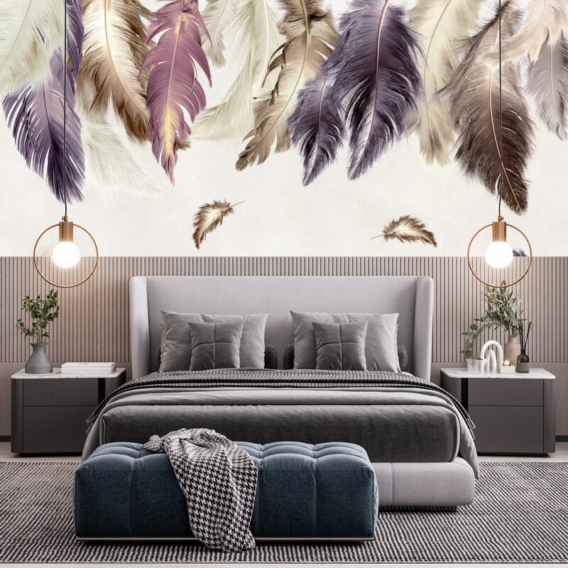 Photomurals of feathers above the bed