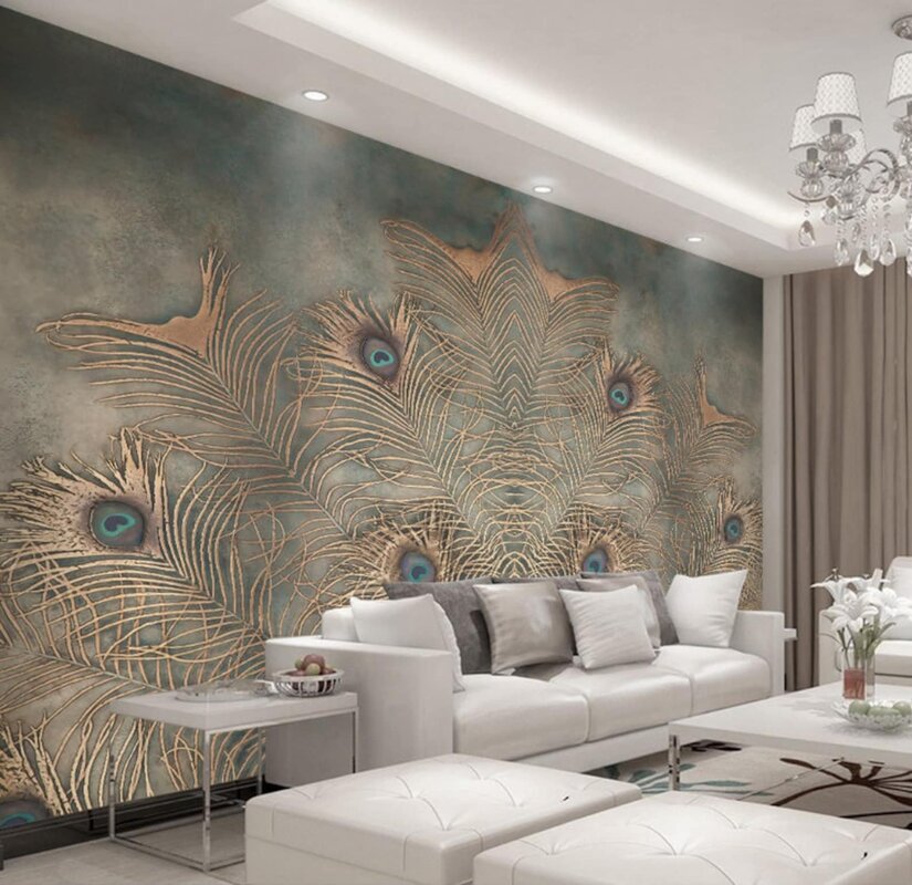 Photo wallpaper with feathers in the living room interior